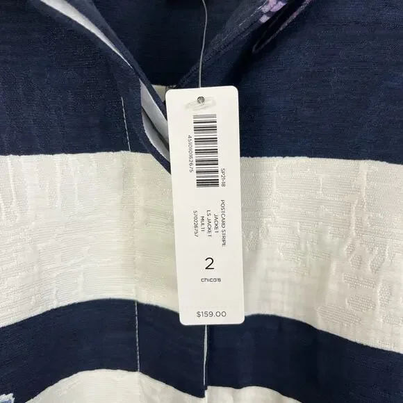 NWT CHICO'S Postcard Striped Jacket Size 2/L Large Stamp Navy Blue White Pockets - Picture 5 of 5